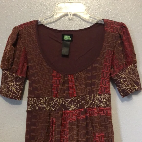 Custo Repainted dress Women's Size 2 short sleeve red brown gold 100% cotton EUC - Picture 4 of 13